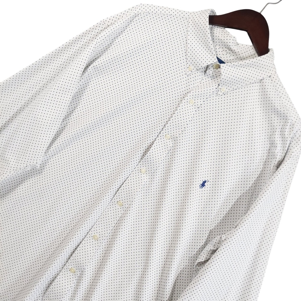Ralph Lauren Button Down Men 2XLT White Blue Polka Dot Performance Shirt